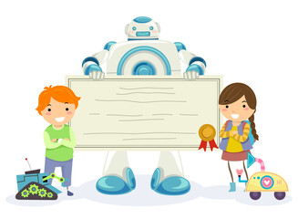 Wall Mural - Stickman Kids Robot Certificate Award Illustration