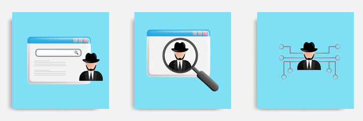 Dark web, hacker programer wearing suit and hat on a web page concept. 3D cartoon vector illustration