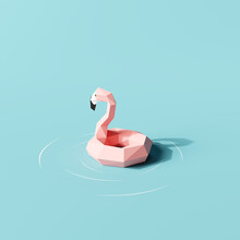 Polygon Flamingo Float On The Water . Creative Summer. Minimal Concept. 3d Rendering