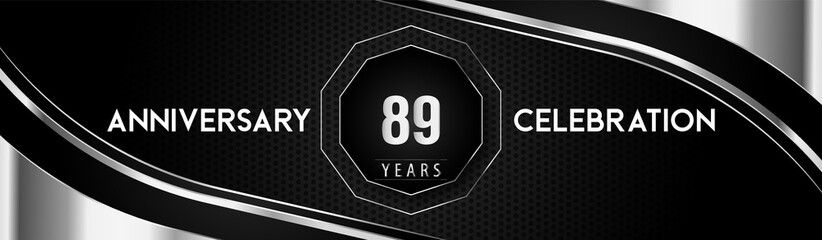 89 years silver anniversary logo celebration with frames and corners isolated on black dotted background. Premium design for a birthday party, celebration events, greetings card, banner, marriage.