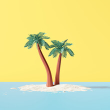 Sand Beach With Palm Tree On Yellow Background. Summer Scene. 3d Rendering
