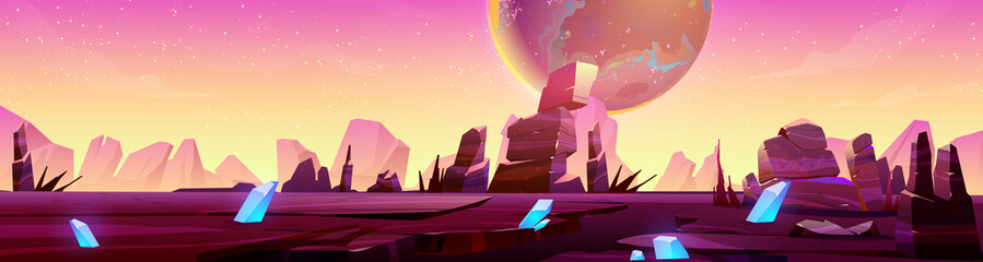Wall Mural - Mars landscape, alien planet background, purple desert surface with mountains, blue cristals and stars shine on pink sky. Martian ground surface, scenery game backdrop, cartoon vector illustration