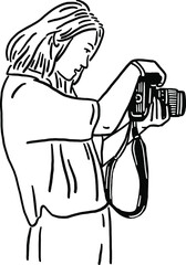 Wall Mural - Woman with camera take photo Photographer Hand drawn Line art Illustration