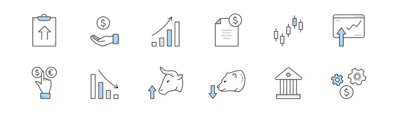 Stock market doodle icons, isolated vector set of linear signs. Finger choose dollar or euro currency, decline chart, bull bear head, bank building, briefcase, growing arrow graph, cogwheels