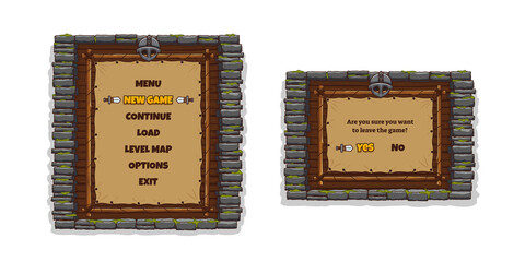 Poster - Game menu frame with buttons, medieval helmet, stone wall and wooden board. Vector cartoon set of 2d ui elements for fantasy mobile or computer game, menu and exit banners