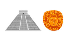 Maya Civilization Ethnic Symbols With Chichen Itza City And Totem Vector Set