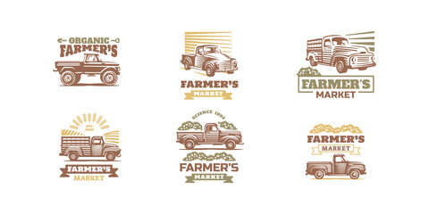 Farmer market posters with vintage pickup truck drawing in etching style. Vector flyers set with engraving illustrations of classic farm car, rustic lorry isolated on white background