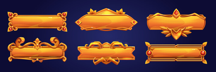 Poster - Game ui frames, gold medieval menu elements, buttons or banners with golden ornate rims. Empty royal gui bars for rpg or arcade, glossy borders, web design interface Cartoon 2d vector illustration
