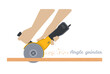 Hands holding angle grinder with steel toothed disc. Power tool at work. Construction, carpentry woodwork building equipment in flat style. Vector illustration of electric working instrument.