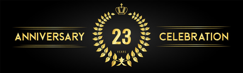 23 years anniversary celebration logo with laurel wreath and royal crown isolated on black background. Premium design for happy birthday, wedding, celebration events, greetings card, graduation.