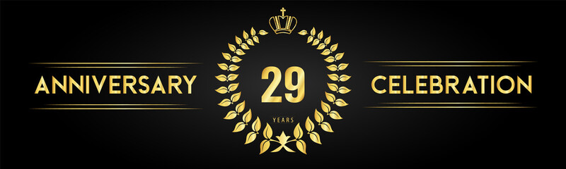 29 years anniversary celebration logo with laurel wreath and royal crown isolated on black background. Premium design for happy birthday, wedding, celebration events, greetings card, graduation.