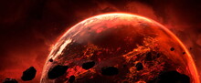 Asteroids Flying In Space Fall On Planet, Belt Of Large Metallic Asteroids Enters The Planet Atmosphere. Rocks And Debris Swarm In Space, Cosmic Background. 3d Rendering