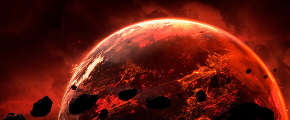 asteroids flying in space fall on planet, belt of large metallic asteroids enters the planet atmosph