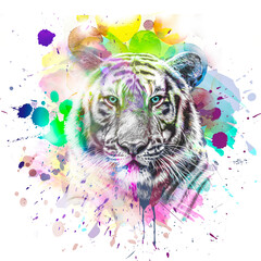 Wall Mural - Bright abstract colorful background with tiger, paint splashes