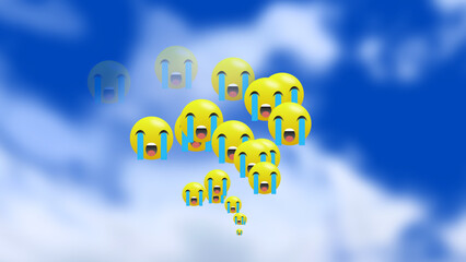 Sending cry emoji on internet animation with blue sky.