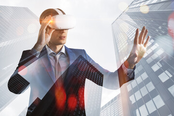 Aufkleber - Business metaverse and virtual reality concept with young businessman in modern VR touching by hand abstract virtual interface on city skyscrapers background, double exposure