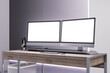 © Who is Danny - Perspective view on two blank white illuminated monitor screens with place for your logo or text on light wooden office table on light wall with purple backlit background. 3D rendering, mock up
