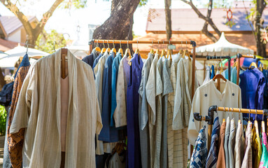 Wall Mural - Asian cloths design at outdoor craft market in northern Thailand, Japanese fashion and textile industry