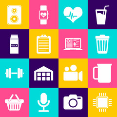 Wall Mural - Set Processor with CPU, Coffee cup, Trash can, Heart rate, Clipboard document and Paper package for milk icon. Vector