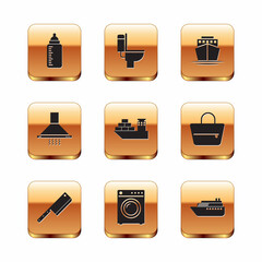 Poster - Set Baby bottle, Meat chopper, Washer, Cargo ship, Kitchen extractor fan and Ship icon. Vector