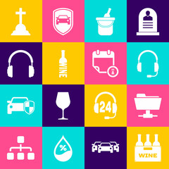 Sticker - Set Bottles of wine in box, FTP folder, Headphones with microphone, bucket, and icon. Vector