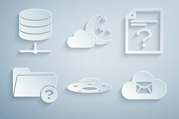 Sticker - Set UFO flying spaceship, Unknown document, directory, Cloud mail server, with moon and stars and Server, Data, Web Hosting icon. Vector