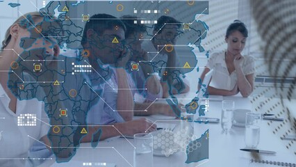 Poster - Animation of globe, world map and icons over diverse businesspeople in office