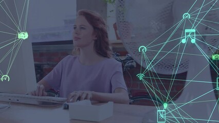 Poster - Animation of network of connections over caucasian woman working on computer in office