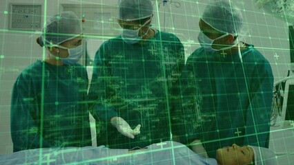 Wall Mural - Animation of digital screen over diverse surgeons and patient in operating room