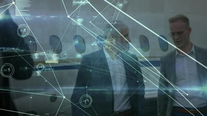 Poster - Animation of connections over caucasian male businessmen talking in front of plane