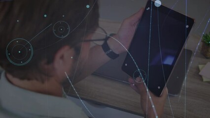 Poster - Animation of connections over caucasian man using tablet with copy space