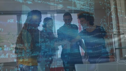 Poster - Animation of data processing over diverse teenage pupils clapping hands from joy
