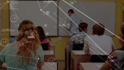Poster - Animation of connections over caucasian male teacher and class of diverse pupils