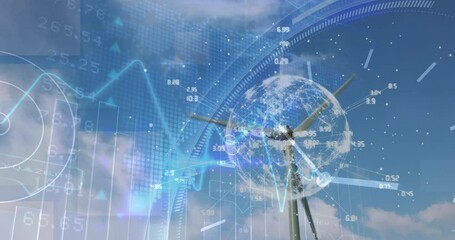 Poster - Animation of financial data processing with globe over wind turbine and sky with clouds