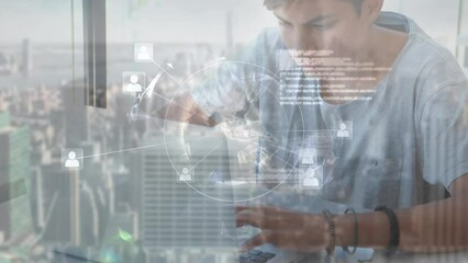 Poster - Animation of globe with data processing and icons over young caucasian man working on laptop