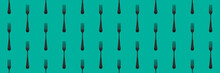 Pattern. Fork Top View On Pastel Green Blue Background. Template For Applying To Surface. Banner For Insertion Into Site. Flat Lay. 3D Image. 3D Rendering.