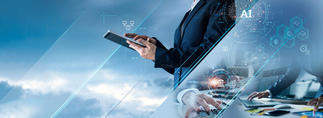 Leinwandbilder - Business and economic growth on global business network, Data analysis of financial and banking, Stock, AI, Technology and data connection, Security, Blockchain and Networking, Business strategy.
