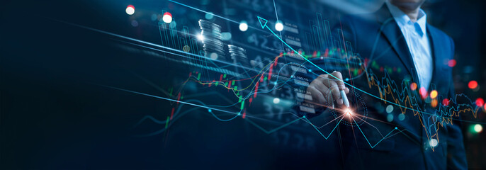 Leinwandbilder - Businessman touch investment growth graph chart and analysing growth achievement diagram data trading and exchange, Stock market, Investment, Banking and dynamics of financial growth of business