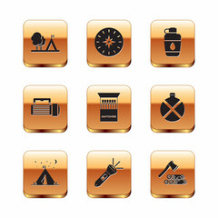 Canvas Print - Set Tourist tent with flag, Flashlight, Open matchbox and matches, Canteen water bottle, Wooden axe wood and Compass icon. Vector