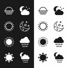 Wall Mural - Set Moon and stars, Sun, Sunset, Cloud with moon, rain, and icon. Vector