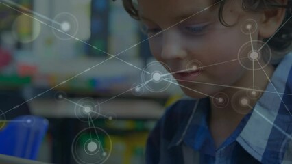 Poster - Animation of network of connections over caucasian boy using tablet