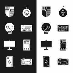 Poster - Set Create account screen, Skull, Shield for game, Bomb ready to explode, Computer monitor, Mobile and playing in and Playing card with diamonds icon. Vector