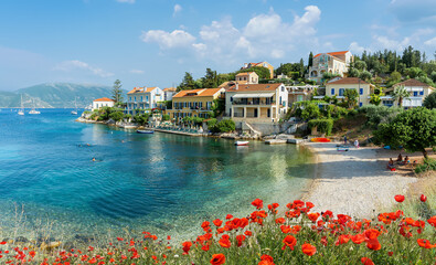 Wall Mural - landscape witn fiskardo village and zavalata beach on kefalonia, ionian island, greece