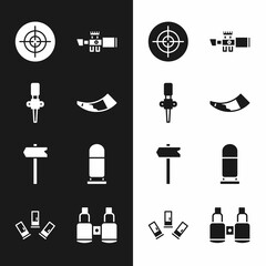 Sticker - Set Hunting horn, Torch flame, Target sport, Sniper optical sight, Road traffic sign, Bullet, Binoculars and Cartridges icon. Vector