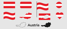 Flag Of Austria. Silhouette Of Austria. National Symbol. Square, Round And Heart Shape. The Symbol Of The Austria Flag.