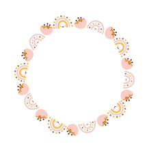 Summer Vector Round Frame Baby Girl With Flower And Rainbow In Colorful Trend Colors. Hand Drawn Naive Illustrations In A Simple Scandinavian Style