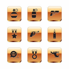 Poster - Set Hand grenade, Peace, Military reward medal, Pistol or gun, Helicopter and icon. Vector