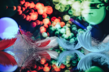 Aufkleber - Beautiful Bird feathers on a bokeh background.  Pattern background for design texture.  Macro view photography.