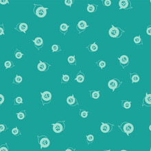 Green Skull Icon Isolated Seamless Pattern On Green Background. Pirate Captain. Happy Halloween Party. Vector