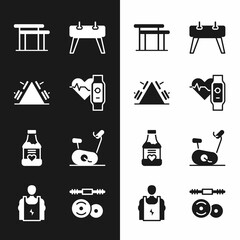 Sticker - Set Smart watch with heart, Metal rack weight, Uneven bars, Pommel horse, Vitamins, Stationary bicycle, Barbell and Bodybuilder icon. Vector